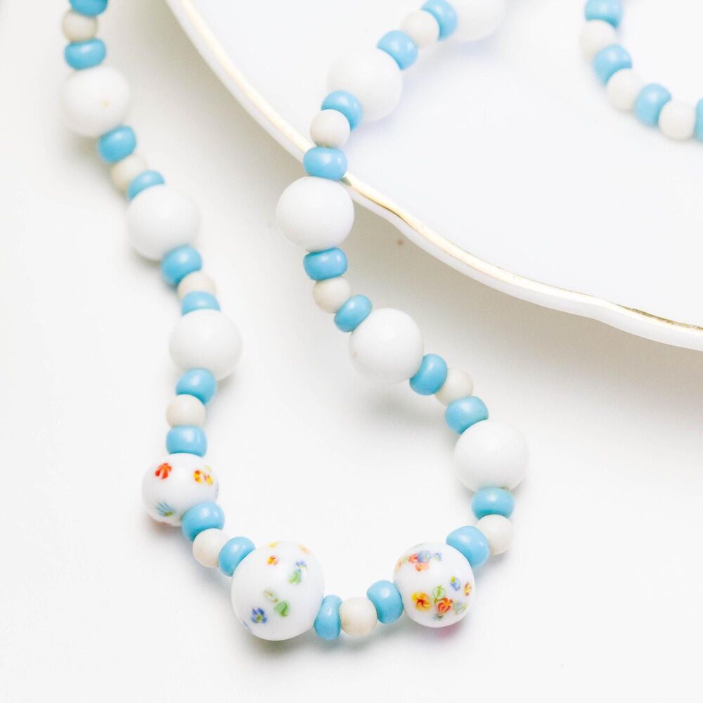 Vintage 1960s Floral Bead Necklace Blue White Cottagecore Whimsical Romantic